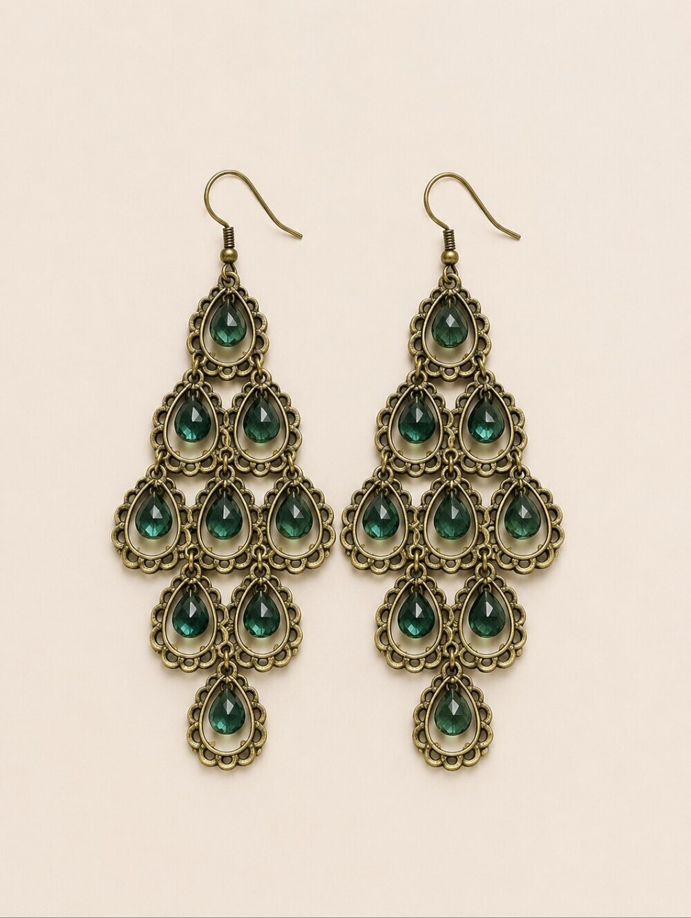 VTG Long Antique Brass Green Prism Gasparilla Chandalier Earrings